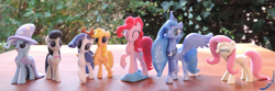 Size: 4896x1632 | Tagged: safe, artist:deathpwny, imported from derpibooru, applejack, fluttershy, octavia melody, pinkie pie, princess luna, rarity, trixie, pony, 3d print, female, irl, lesbian, photo, rarijack, shipping