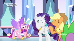 Size: 1920x1080 | Tagged: safe, imported from derpibooru, screencap, applejack, princess cadance, rarity, spike, dragon, pony, the beginning of the end, hoofbump, magic, winged spike, wings