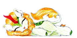 Size: 3124x1549 | Tagged: safe, artist:liaaqila, imported from derpibooru, autumn blaze, kirin, :p, awwtumn blaze, cute, ear fluff, eyes closed, female, lying down, silly, simple background, smiling, solo, tongue out, traditional art, transparent background