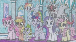 Size: 1725x962 | Tagged: safe, artist:nephilim rider, imported from derpibooru, applejack, fluttershy, pinkie pie, rainbow dash, rarity, spike, twilight sparkle, oc, oc:heaven lost, alicorn, the beginning of the end, alicorn oc, group, mane seven, mane six, red and black oc, traditional art, twilight sparkle (alicorn)