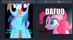 Size: 492x270 | Tagged: safe, imported from derpibooru, pinkie pie, rainbow dash, derpibooru, juxtaposition, juxtaposition win, keep calm, meme, meta, vulgar, wtf