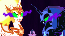 Size: 2000x1121 | Tagged: safe, imported from derpibooru, screencap, daybreaker, nightmare moon, twilight sparkle, alicorn, pony, the beginning of the end, armor, black background, blank eyes, corrupted, ethereal mane, evil, female, floppy ears, glowing eyes, green eyes, mane of fire, mare, possessed, simple background, sisters, sombra eyes, starry mane, twilight sparkle (alicorn)