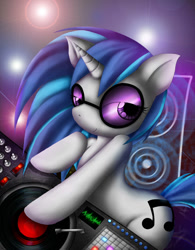 Size: 789x1013 | Tagged: safe, artist:grimtalesreaper, imported from derpibooru, dj pon-3, vinyl scratch, pony, unicorn, bipedal, cute, female, lidded eyes, looking at you, mare, record, smiling, solo, speaker, strobe lights, sunglasses, turntable, vinylbetes