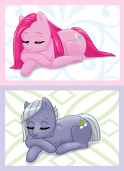 Size: 1280x1770 | Tagged: safe, artist:umafluff, imported from derpibooru, limestone pie, pinkie pie, pony, cute, cuteamena, diapinkes, duo, eyes closed, female, limabetes, pinkamena diane pie, prone, sisters, sleeping, ych result