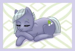 Size: 760x520 | Tagged: safe, artist:umafluff, edit, imported from derpibooru, limestone pie, earth pony, pony, abstract background, cropped, cute, eyes closed, female, limabetes, mare, prone, sleeping, smiling, solo, ych result