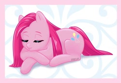 Size: 760x524 | Tagged: safe, artist:umafluff, edit, imported from derpibooru, pinkie pie, earth pony, pony, abstract background, cropped, cute, cuteamena, diapinkes, eyes closed, female, mare, pinkamena diane pie, prone, sleeping, smiling, solo