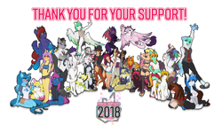 Size: 6000x3378 | Tagged: safe, artist:sugarlesspaints, imported from derpibooru, oc, oc only, oc:calpain, oc:camber, oc:dandelion blossom, oc:dawn sentry, oc:shampoo, oc:takara, oc:trisk, alicorn, anthro, bat pony, digitigrade anthro, dog, earth pony, goat, griffon, human, kangaroo, pegasus, plantigrade anthro, pony, unguligrade anthro, unicorn, zebra, 2018, alicorn oc, anthro with ponies, arm behind head, armpits, bat pony oc, bikini, blushing, bow, braid, cheerleader, chest fluff, clothes, ear piercing, earbuds, earring, earth pony oc, fishnets, flying, furry, glasses, griffon oc, group photo, hair bow, hat, hoodie, horn, jewelry, kneeling, lab coat, looking up, metal claws, nail polish, non-mlp oc, one eye closed, paw pads, paws, peace sign, peace symbol, pegasus oc, piercing, raised hoof, sandals, simple background, sitting, swimsuit, tattoo, toenails, top hat, underpaw, unicorn oc, unshorn fetlocks, watch, white background, wings, wink, wristwatch, zebra oc