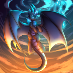 Size: 2500x2500 | Tagged: safe, artist:cornelia_nelson, imported from derpibooru, dragon, pony, commission, horns, lightning, ponified, scales, wings