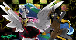 Size: 6001x3200 | Tagged: safe, artist:brainiac, imported from derpibooru, princess celestia, oc, oc:knick knack, alicorn, unicorn, bronycon, bronycon 2019, bronypalooza, choker, clothes, collar, female, jewelry, male, mare, regailia, school uniform, stallion, text, tiara, underhoof, united parcel service, ups, ups uniform