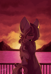 Size: 1381x2000 | Tagged: safe, artist:hagalazka, artist:hagallaz, imported from derpibooru, oc, oc only, pony, beach, eyes closed, pink, solo, sun, sunset, warm colors