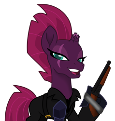 Size: 8200x8598 | Tagged: safe, artist:ejlightning007arts, imported from derpibooru, tempest shadow, pony, absurd resolution, broken horn, clothes, crossover, double barreled shotgun, duct tape, eyes closed, female, gun, horn, mad max, max rockatansky, open mouth, shotgun, simple background, solo, transparent background, weapon