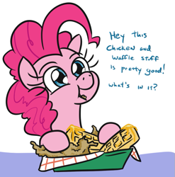 Size: 557x563 | Tagged: safe, artist:jargon scott, imported from derpibooru, pinkie pie, earth pony, pony, chicken and waffles, cute, dialogue, diapinkes, eating, female, food, mare, ponies eating meat, simple background, solo, white background