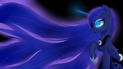 Size: 1920x1080 | Tagged: safe, artist:suziouwabami, imported from derpibooru, princess luna, pony, black background, colored pupils, cute, ethereal mane, female, glowing mane, hoof shoes, long mane, lunabetes, profile, simple background, solo, starry mane