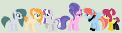 Size: 1914x524 | Tagged: safe, artist:veenon-chist, imported from derpibooru, cloudy quartz, cookie crumbles, pear butter, posey shy, twilight velvet, windy whistles, earth pony, pegasus, pony, unicorn, bandana, base used, female, green background, lip piercing, mare, missing accessory, mom six, no glasses, nose piercing, piercing, simple background, younger