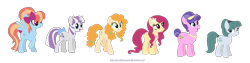 Size: 1280x322 | Tagged: safe, artist:sarahbearquartz, imported from derpibooru, cloudy quartz, cookie crumbles, pear butter, posey shy, twilight velvet, windy whistles, earth pony, pegasus, pony, unicorn, base used, bow, female, flower, flower in hair, mare, missing accessory, mom six, no glasses, simple background, tail bow, white background, younger