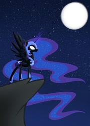 Size: 755x1057 | Tagged: safe, artist:alphaaquilae, imported from derpibooru, nightmare moon, alicorn, pony, female, full moon, glowing eyes, glowing horn, hoof shoes, mare, moon, night, solo, stars, white eyes, wings