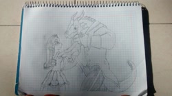 Size: 1296x728 | Tagged: safe, artist:ds59, imported from derpibooru, rarity, oc, oc:dragun shot, dragon, equestria girls, beauty and the beast, belle, clothes, crossover, drarity, dress, graph paper, notebook, prince adam, smiling, suit, traditional art