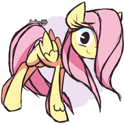 Size: 1280x1280 | Tagged: safe, artist:lilboulder, imported from derpibooru, fluttershy, pegasus, pony, abstract background, cute, female, hair over one eye, leg fluff, looking at you, mare, shyabetes, simple background, solo