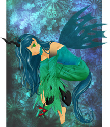 Size: 1037x1200 | Tagged: safe, artist:greywalker, imported from derpibooru, queen chrysalis, human, abstract background, alicorn amulet, bare shoulders, barefoot, clothes, colored pupils, crown, cute, cutealis, dress, ear piercing, earring, feet, female, horned humanization, humanized, jewelry, piercing, pixiv, regalia, solo, winged humanization, wings