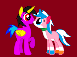 Size: 852x630 | Tagged: safe, artist:dj-lynx-gio, imported from derpibooru, oc, oc:gio, alicorn, pony, alicorn oc, canon x oc, female, lego, male, ponified, red background, shipping, simple background, straight, the lego movie, unikitty