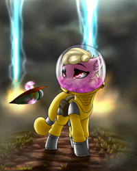 Size: 1600x2000 | Tagged: safe, artist:shido-tara, imported from derpibooru, oc, oc only, oc:puppysmiles, earth pony, pony, fallout equestria, fallout equestria: pink eyes, canterlot ghoul, cloud, cloudy, ear fluff, environmental suit, explosion, fanfic, fanfic art, female, filly, foal, hazmat suit, hooves, levitation, magic, pink cloud (fo:e), saddle bag, solo, telekinesis, wasteland, weapon