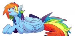 Size: 1844x878 | Tagged: safe, artist:1an1, imported from derpibooru, rainbow dash, pegasus, pony, colored hooves, cute, dashabetes, ear fluff, eye clipping through hair, female, lying down, simple background, solo, white background