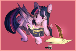 Size: 5902x4000 | Tagged: safe, artist:magentell, imported from derpibooru, twilight sparkle, alicorn, pony, absurd resolution, book, bookhorse, experimental style, female, inkwell, levitation, magic, paper, pink background, quill, simple background, solo, telekinesis, twilight sparkle (alicorn)