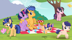 Size: 1024x565 | Tagged: safe, artist:liya04, imported from derpibooru, flash sentry, twilight sparkle, oc, oc:galaxy star, oc:light star, oc:shining star, oc:sky sparkle, alicorn, butterfly, pegasus, pony, unicorn, alicorn oc, baby, baby pony, basket, colt, day, female, filly, flashlight, glass, horn, looking at you, male, offspring, parent:flash sentry, parent:twilight sparkle, parents:flashlight, pegasus oc, picnic basket, picnic blanket, shipping, straight, tree, twilight sparkle (alicorn), unicorn oc, wings