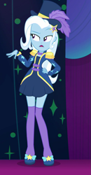 Size: 493x946 | Tagged: safe, imported from derpibooru, screencap, trixie, equestria girls, equestria girls series, spring breakdown, spoiler:eqg series (season 2), clothes, cropped, epaulettes, female, hat, high heels, open mouth, shoes, skirt, socks, solo, talking, thigh highs, top hat, trixie's hat, zettai ryouiki