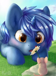 Size: 1594x2160 | Tagged: safe, artist:kotgl, imported from derpibooru, oc, oc only, oc:starlight blossom, ladybug, mouse, pony, unicorn, :o, cute, female, filly, flower, open mouth