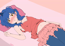 Size: 4092x2893 | Tagged: safe, artist:krokis, imported from derpibooru, oc, oc only, oc:starlight blossom, human, satyr, unicorn, armpits, bed, belly, blushing, clothes, cute, laying on bed, lying, lying on bed, miniskirt, moe, satyrized, skirt, thighs