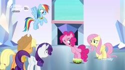 Size: 1920x1080 | Tagged: safe, imported from derpibooru, screencap, applejack, fluttershy, pinkie pie, rainbow dash, rarity, pony, the beginning of the end, bipedal, cake, cakewalk, food, literal, pun, visual pun