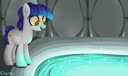 Size: 710x427 | Tagged: safe, artist:cherry, imported from derpibooru, oc, oc only, oc:fruity blossom, pony, happy, pixel art, pond, solo