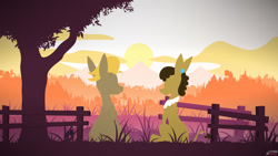 Size: 2304x1296 | Tagged: safe, artist:simonk0, imported from derpibooru, cranky doodle donkey, matilda, donkey, duo, female, grass, lineless, male, scenery, silhouette, sitting, sun, tree
