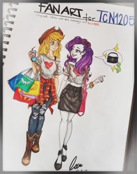 Size: 956x1213 | Tagged: safe, artist:christine-rose96, imported from derpibooru, applejack, rarity, equestria girls, cute, female, holding hands, jackabetes, lesbian, raribetes, rarijack, shipping, shopping, smiling, traditional art