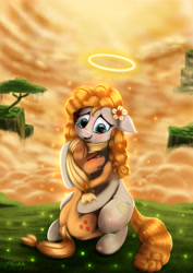 Size: 4250x6000 | Tagged: safe, artist:darksly, imported from derpibooru, applejack, pear butter, earth pony, pony, absurd resolution, crying, duo, feels, female, halo, hug, mare, mother and daughter, smiling