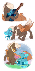 Size: 1024x2048 | Tagged: safe, artist:loryska, imported from derpibooru, oc, oc only, oc:janus, oc:nightningale, alicorn, bat pony, bat pony alicorn, pony, baby, baby pony, father and son, food, guitar, magic, male, parent:princess luna, parents:canon x oc, stallion, watermelon