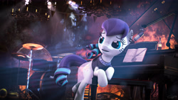 Size: 7680x4320 | Tagged: safe, artist:calveen, imported from derpibooru, coloratura, earth pony, pony, 3d, absurd resolution, book, bottle, chair, chandelier, drums, fire, lamp, leaning, lifted leg, looking at something, microphone, musical instrument, open mouth, piano, rara, saxophone, source filmmaker, stage light, statue, windswept mane