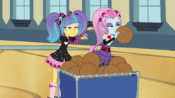 Size: 640x359 | Tagged: safe, imported from derpibooru, screencap, pixel pizazz, violet blurr, equestria girls, photo finished, rainbow rocks, animated, basketball, bored, canterlot high, duo, duo female, female, gif, gym, pigtails, sports, the snapshots, twintails