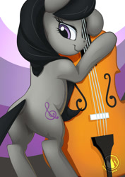 Size: 955x1351 | Tagged: safe, alternate version, artist:mysticalpha, imported from derpibooru, octavia melody, earth pony, pony, bipedal, bipedal leaning, butt, cello, female, leaning, looking at you, looking back, looking back at you, mare, musical instrument, plot, smiling, solo, treblebutt