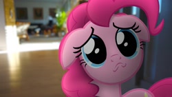 Size: 1280x720 | Tagged: safe, artist:stormxf3, imported from derpibooru, pinkie pie, earth pony, pony, cast away (stormxf3), a friend in deed, crying, floppy ears, hall, irl, photo, ponies in real life, puppy dog eyes, puppy face, sad, solo, youtube link