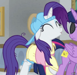 Size: 1110x1080 | Tagged: safe, imported from derpibooru, screencap, rarity, twilight sparkle, alicorn, pony, unicorn, friendship university, alternate hairstyle, animated, backwards ballcap, baseball cap, cap, cute, disguise, eyepatch, eyepatch (disguise), eyes closed, female, floppy ears, gif, gifs.com, happy, hat, mare, open mouth, plainity, prancing, raribetes, trotting, trotting in place, twilight sparkle (alicorn)