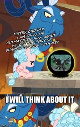 Size: 500x791 | Tagged: safe, edit, edited screencap, imported from derpibooru, screencap, cozy glow, grogar, pony of shadows, pegasus, pony, the beginning of the end, caption, crystal ball, female, filly, grogar's crystal ball meme, grogar's orb, image macro, text