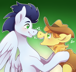 Size: 2000x1889 | Tagged: safe, artist:polymercorgi, imported from derpibooru, braeburn, soarin', earth pony, pegasus, pony, boop, cowboy hat, gay, gradient background, hat, male, noseboop, shipping, soarburn, stallion