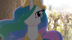 Size: 1280x720 | Tagged: safe, artist:stormxf3, imported from derpibooru, princess celestia, alicorn, pony, celestia's favorite question, crown, female, forest, irl, jewelry, mare, photo, ponies in real life, regalia, smiling, solo, street, youtube link