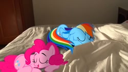 Size: 720x405 | Tagged: safe, artist:stormxf3, imported from derpibooru, pinkie pie, rainbow dash, earth pony, pegasus, pony, bed, bedroom, blanket, door, eyes closed, irl, open mouth, photo, ponies in real life, sleeping