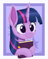 Size: 2456x3005 | Tagged: safe, artist:arcane-thunder, imported from derpibooru, twilight sparkle, pony, unicorn, book, bookhorse, bust, cute, female, hug, mare, portrait, simple background, smiling, solo, that pony sure does love books, twiabetes, unicorn twilight, white background