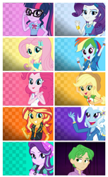 Size: 3104x5058 | Tagged: safe, imported from derpibooru, applejack, fluttershy, pinkie pie, rainbow dash, rarity, sci-twi, spike, starlight glimmer, sunset shimmer, trixie, twilight sparkle, equestria girls, equestria girls series, clothes, cyoa, equestria girls-ified, geode of empathy, geode of fauna, geode of shielding, geode of sugar bombs, geode of super speed, geode of super strength, geode of telekinesis, glasses, human spike, humane five, humane seven, humane six, jacket, magical geodes, recolor, smiling