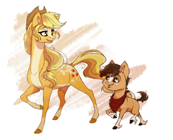 Size: 2430x1974 | Tagged: safe, artist:marbola, imported from derpibooru, oc, earth pony, pony, abstract background, alternate design, bandana, colt, duo, female, long neck, looking at each other, male, mare, mother and son, next generation, offspring, parent:applejack, parent:trouble shoes, parent:troubleshoes clyde, parents:troublejack, raised hoof, smiling, story included, unshorn fetlocks