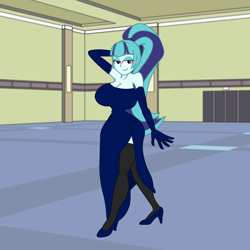 Size: 1440x1440 | Tagged: safe, artist:momoiro-kun, imported from derpibooru, sonata dusk, equestria girls, arm behind head, armpits, big breasts, breasts, busty sonata dusk, cleavage, clothes, curvy, dress, evening gloves, female, gloves, hairband, high heels, hourglass figure, huge breasts, long gloves, looking at you, ponytail, shoes, side slit, smiling, socks, solo, stockings, thigh highs, wide hips